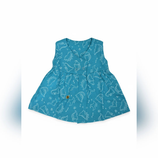 Blue Dinosaur Print Muslin Baby Dress