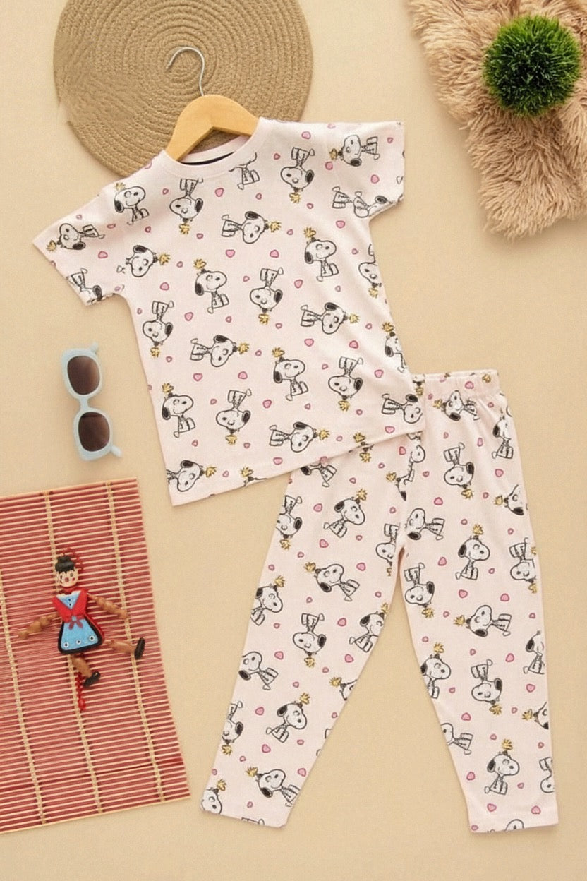 Pastel Pink Cute Dog-Print Pant set