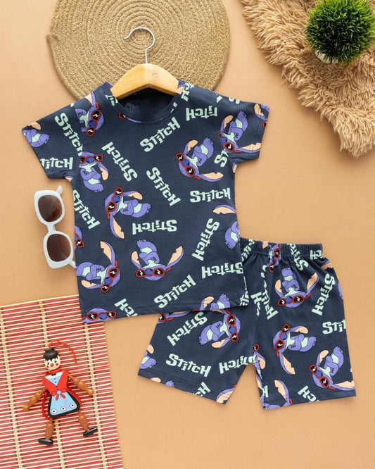 Blue stitch coord shorts set